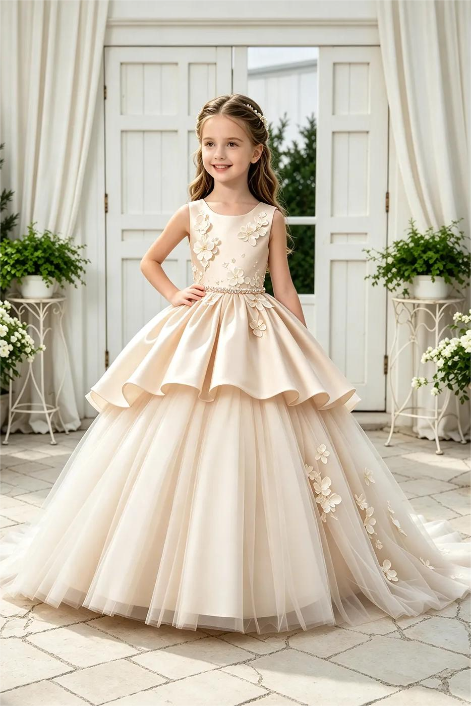 White Satin 3D Floral Appliqué Tulle Tiered A-Line Dress
