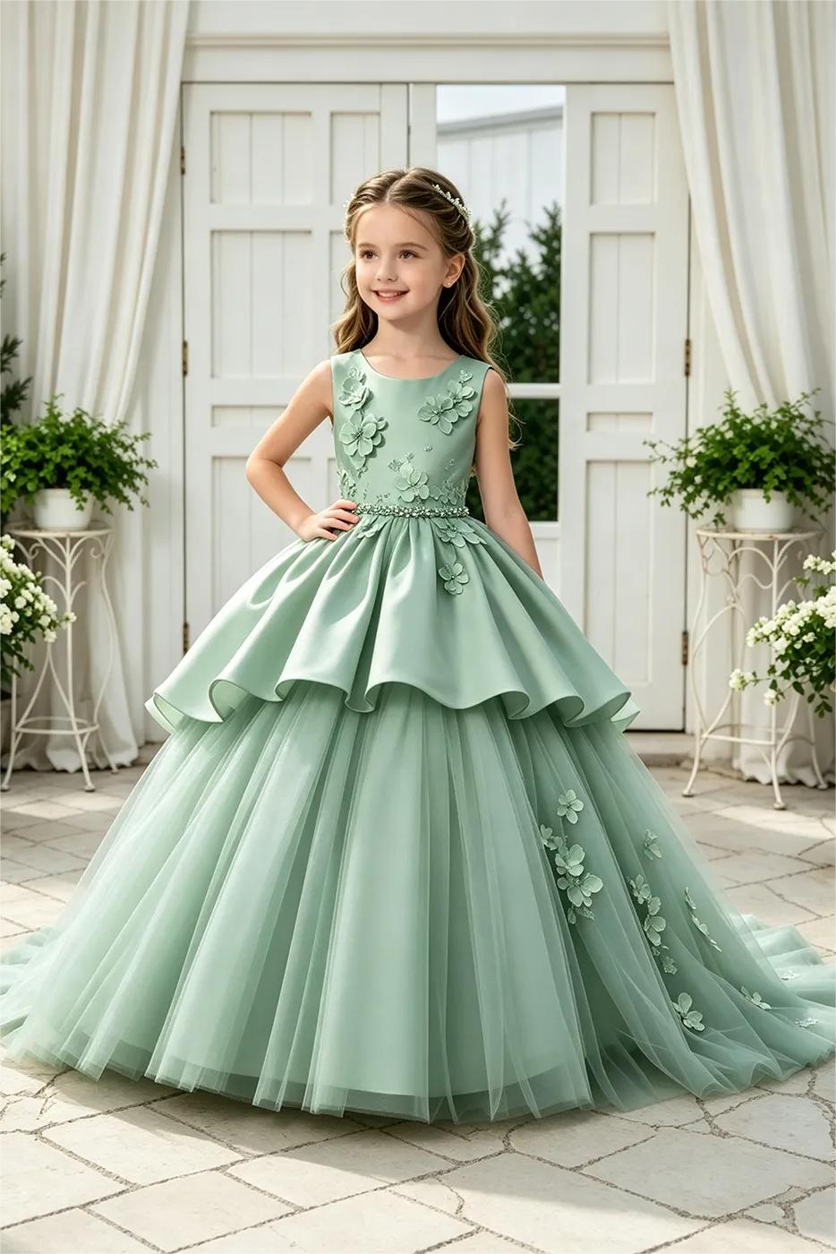 White Satin 3D Floral Appliqué Tulle Tiered A-Line Dress