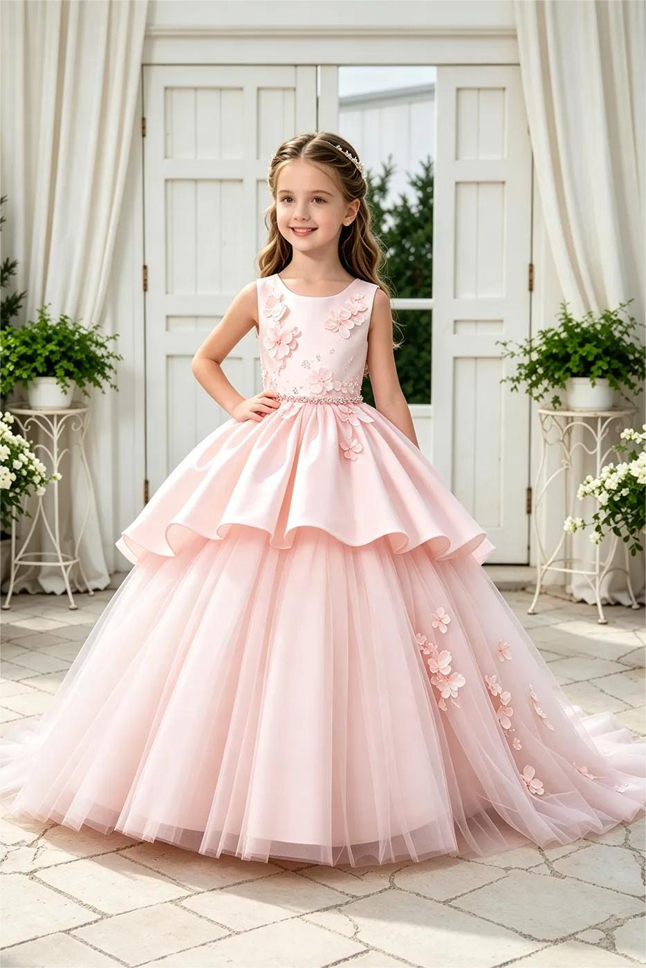White Satin 3D Floral Appliqué Tulle Tiered A-Line Dress