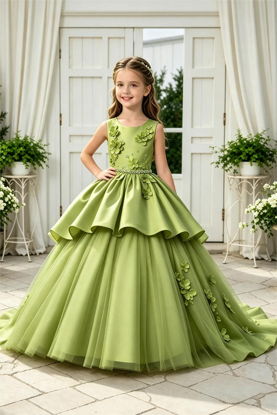 White Satin 3D Floral Appliqué Tulle Tiered A-Line Dress
