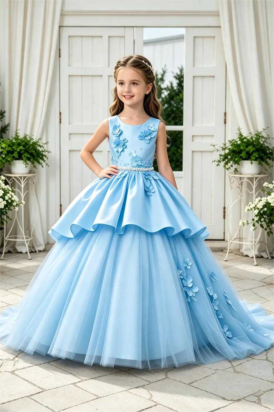 White Satin 3D Floral Appliqué Tulle Tiered A-Line Dress