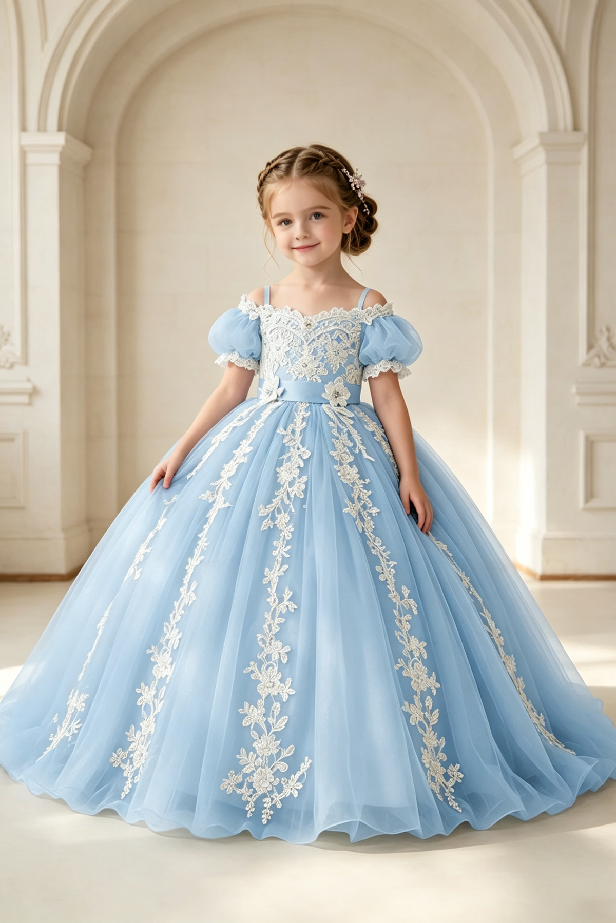 Lavender Off Shoulder Bubble Sleeve Lace Floral Embroidered A-Line Dress