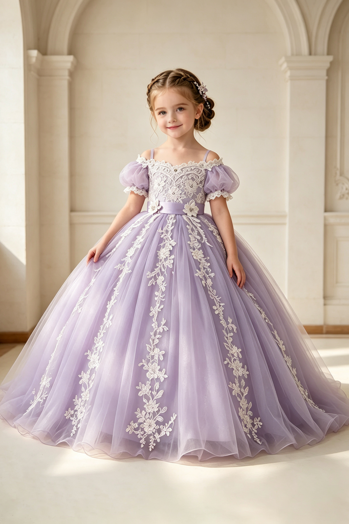 Lavender Off Shoulder Bubble Sleeve Lace Floral Embroidered A-Line Dress