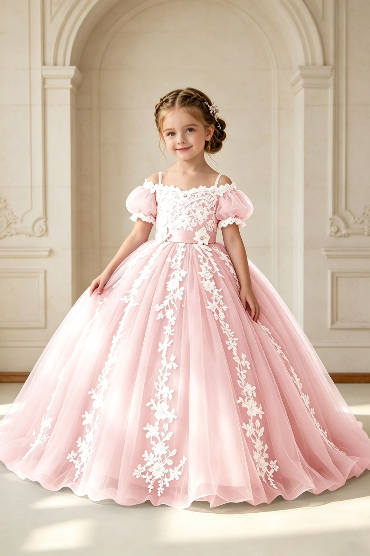 Lavender Off Shoulder Bubble Sleeve Lace Floral Embroidered A-Line Dress