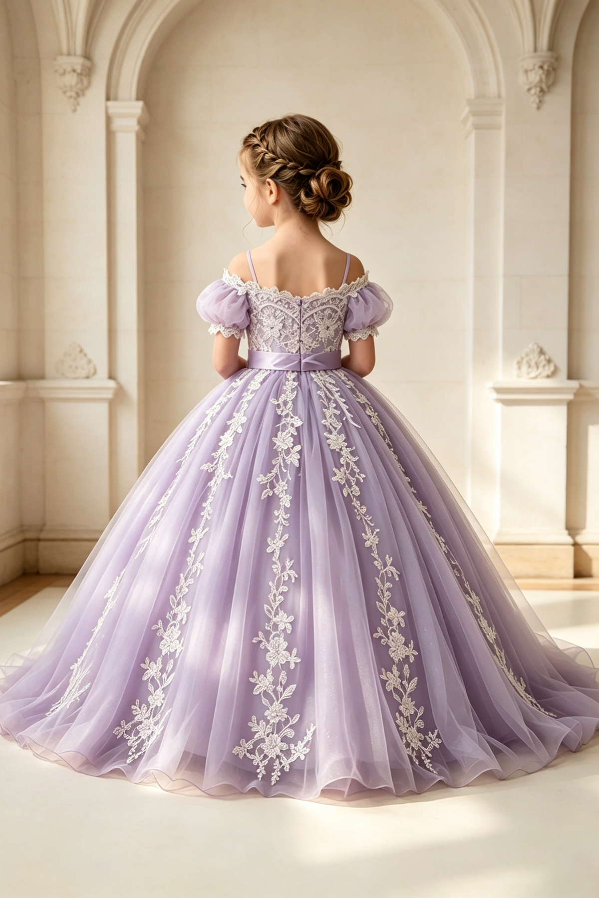 Lavender Off Shoulder Bubble Sleeve Lace Floral Embroidered A-Line Dress
