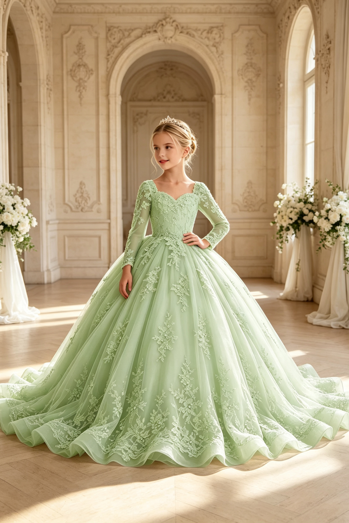 Pink Heavy Lace Square Neck Long Sleeve Floral Embroidered Tulle A-Line Dress