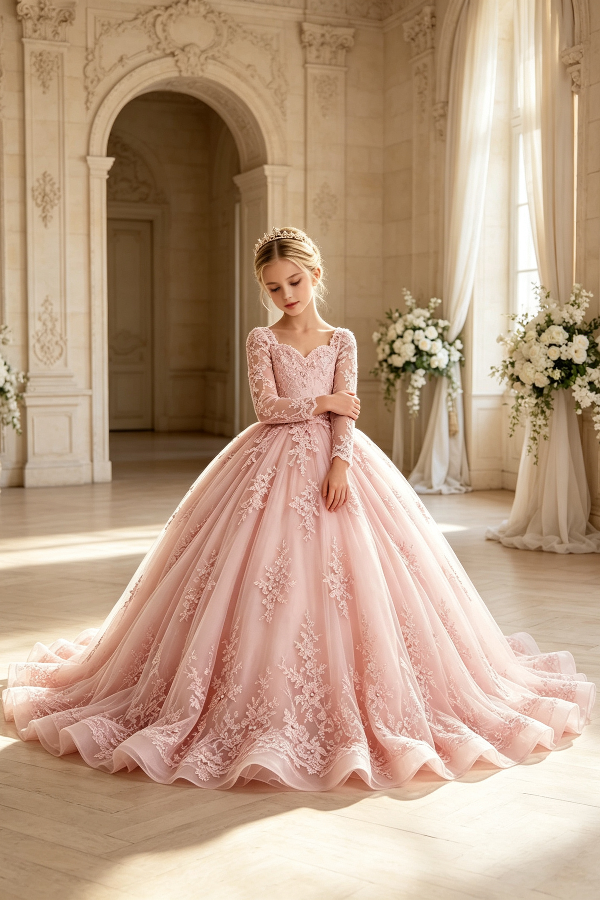 Pink Heavy Lace Square Neck Long Sleeve Floral Embroidered Tulle A-Line Dress