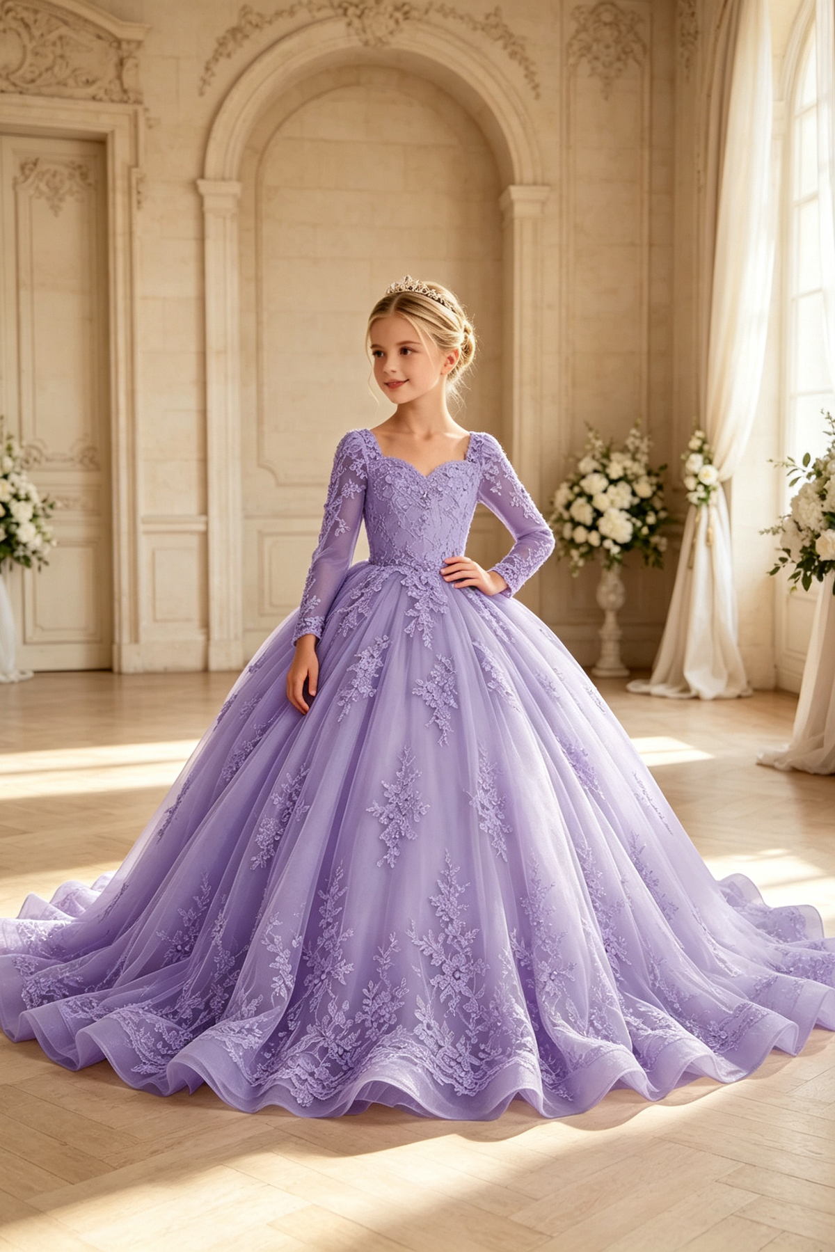 Pink Heavy Lace Square Neck Long Sleeve Floral Embroidered Tulle A-Line Dress