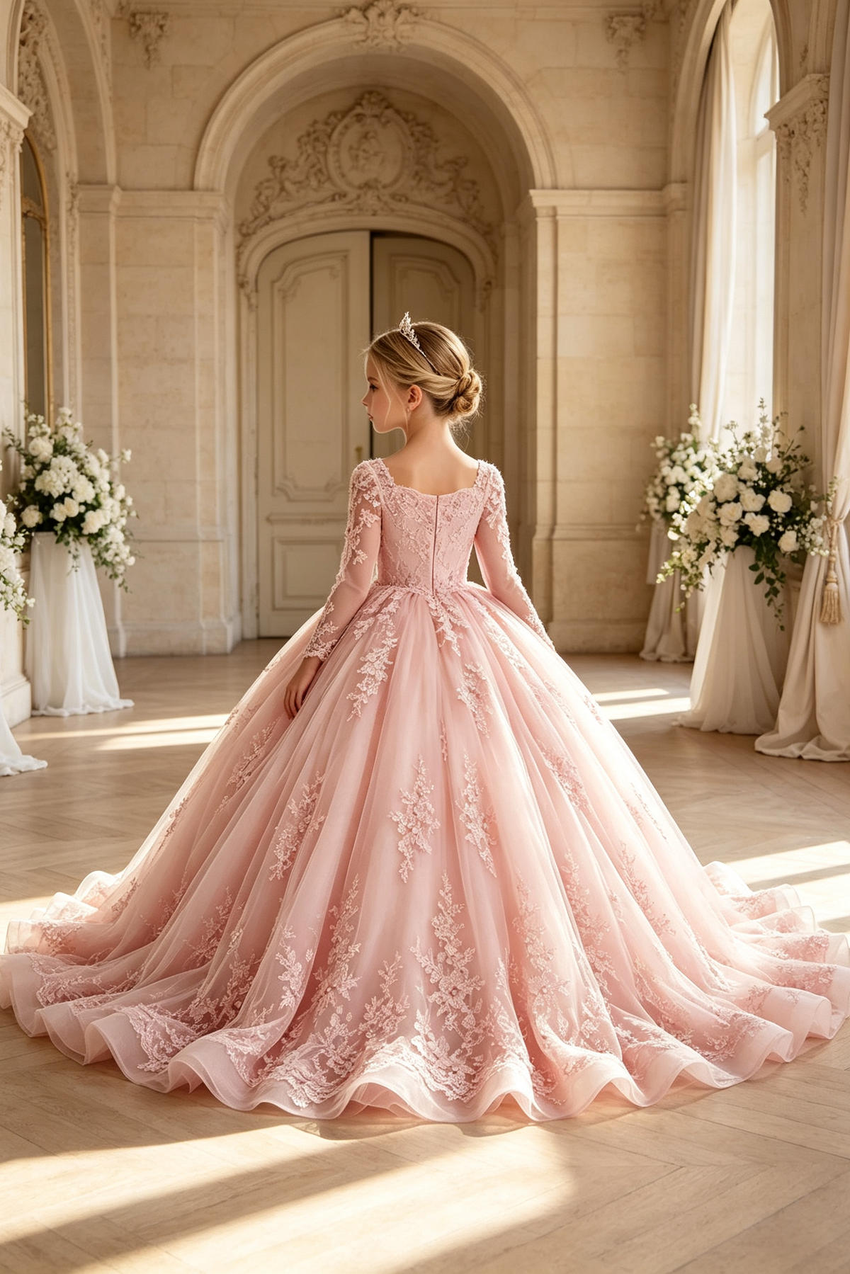 Pink Heavy Lace Square Neck Long Sleeve Floral Embroidered Tulle A-Line Dress
