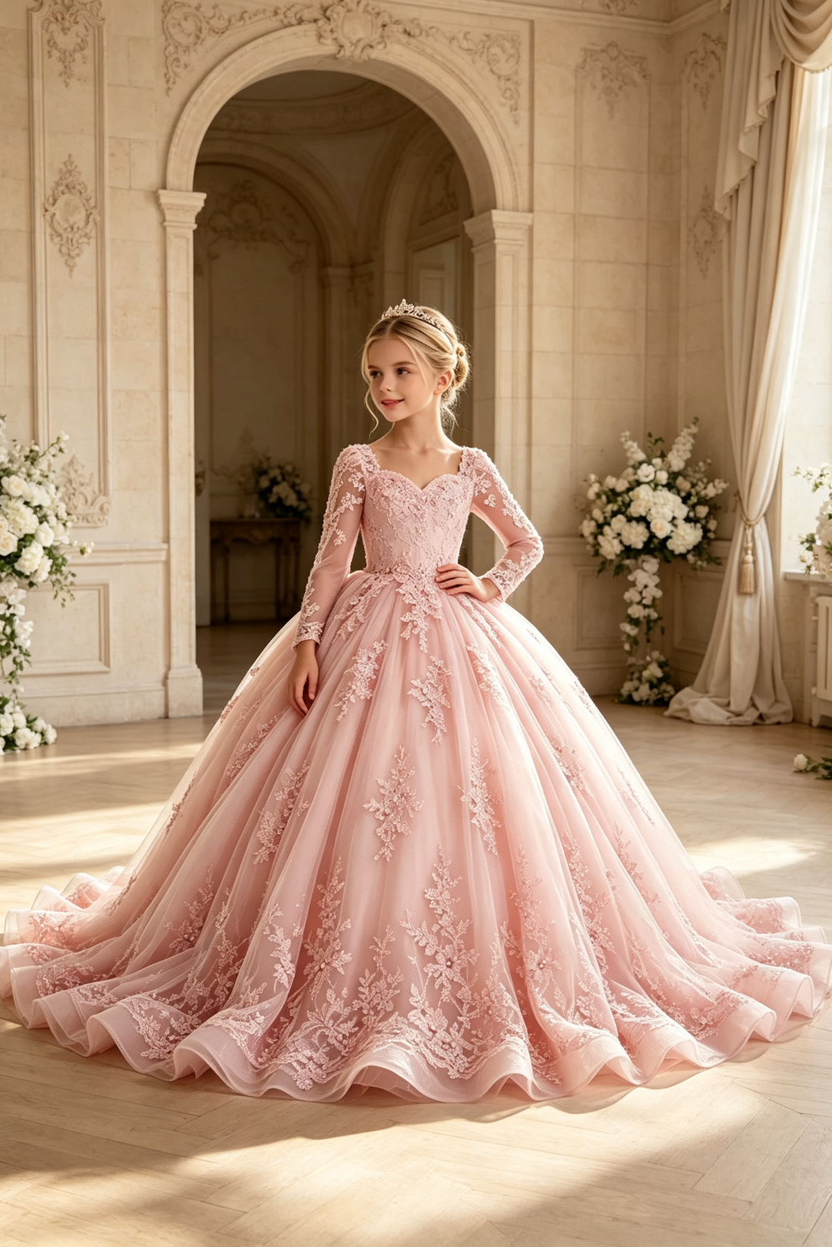 Pink Heavy Lace Square Neck Long Sleeve Floral Embroidered Tulle A-Line Dress