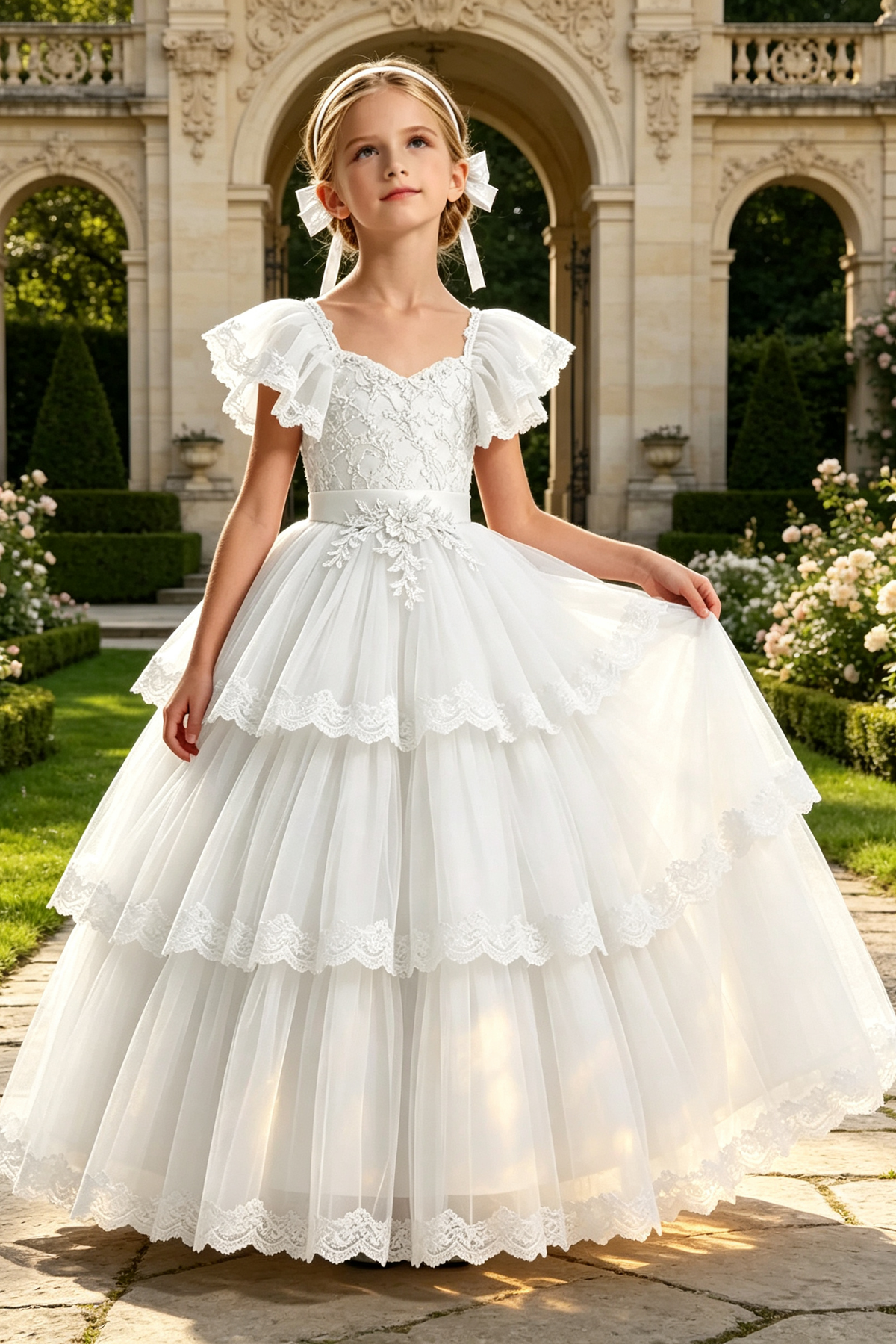 Pink Square Neck Lace Embroidered Tiered Tulle Cake A-Line Dress