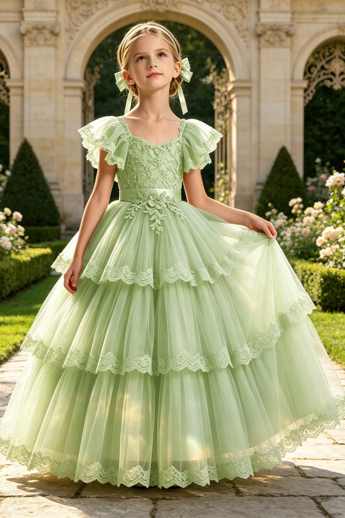 Pink Square Neck Lace Embroidered Tiered Tulle Cake A-Line Dress