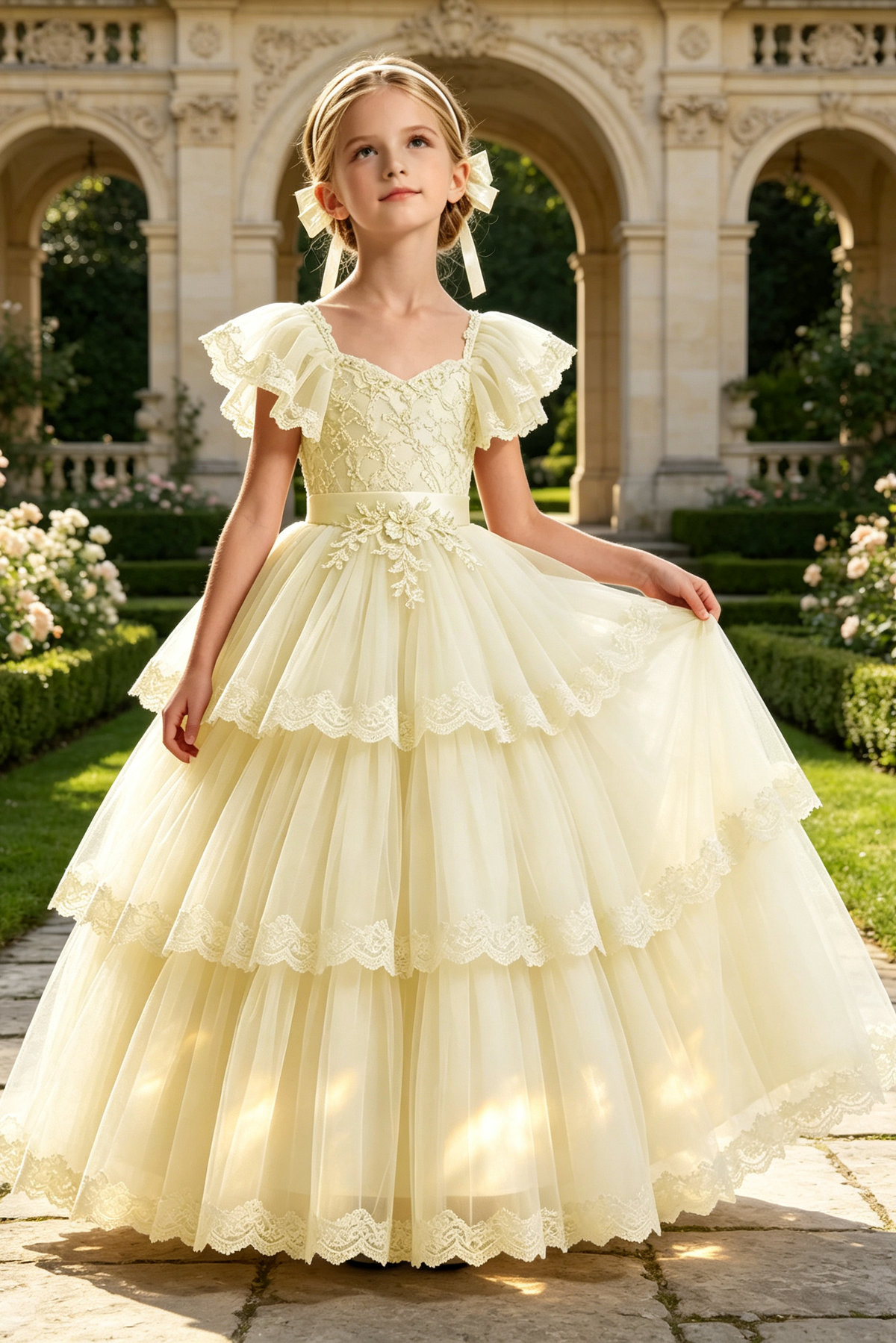Pink Square Neck Lace Embroidered Tiered Tulle Cake A-Line Dress