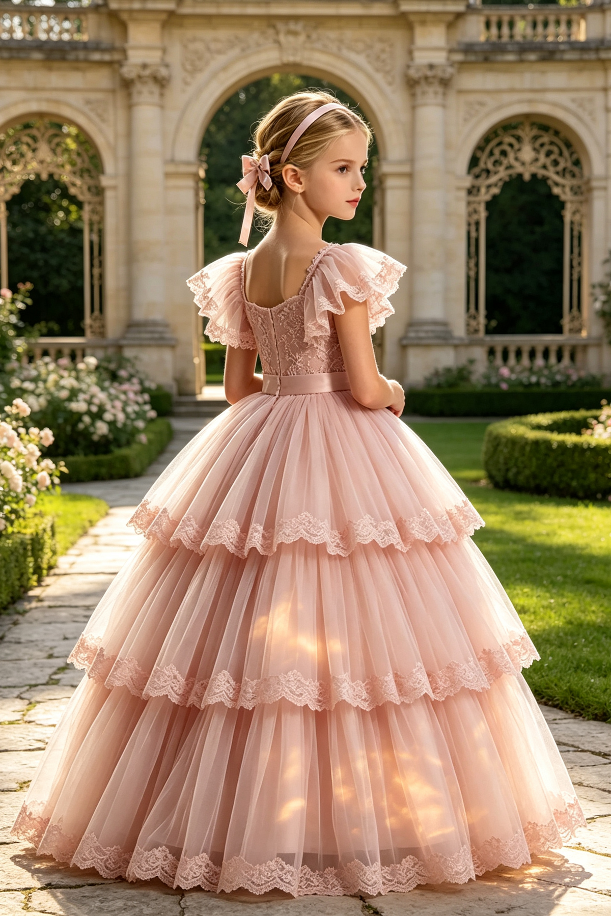 Pink Square Neck Lace Embroidered Tiered Tulle Cake A-Line Dress