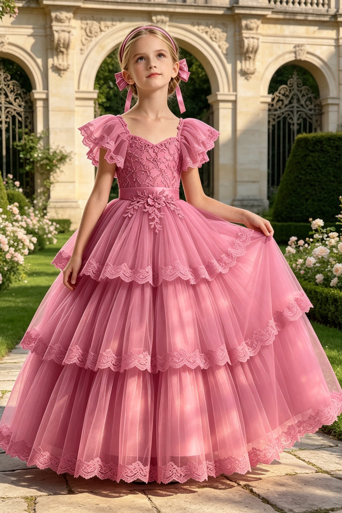 Pink Square Neck Lace Embroidered Tiered Tulle Cake A-Line Dress
