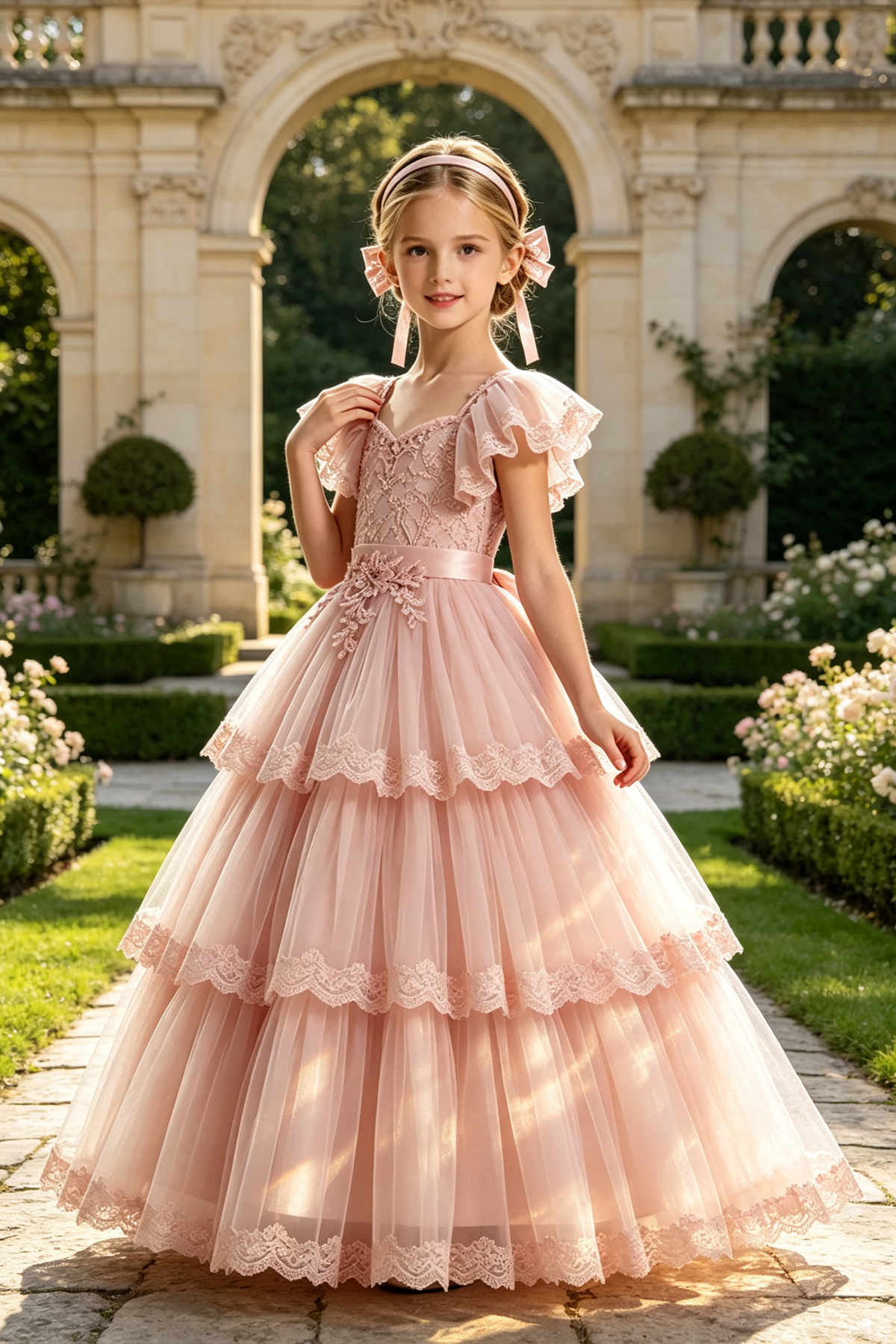 Pink Square Neck Lace Embroidered Tiered Tulle Cake A-Line Dress