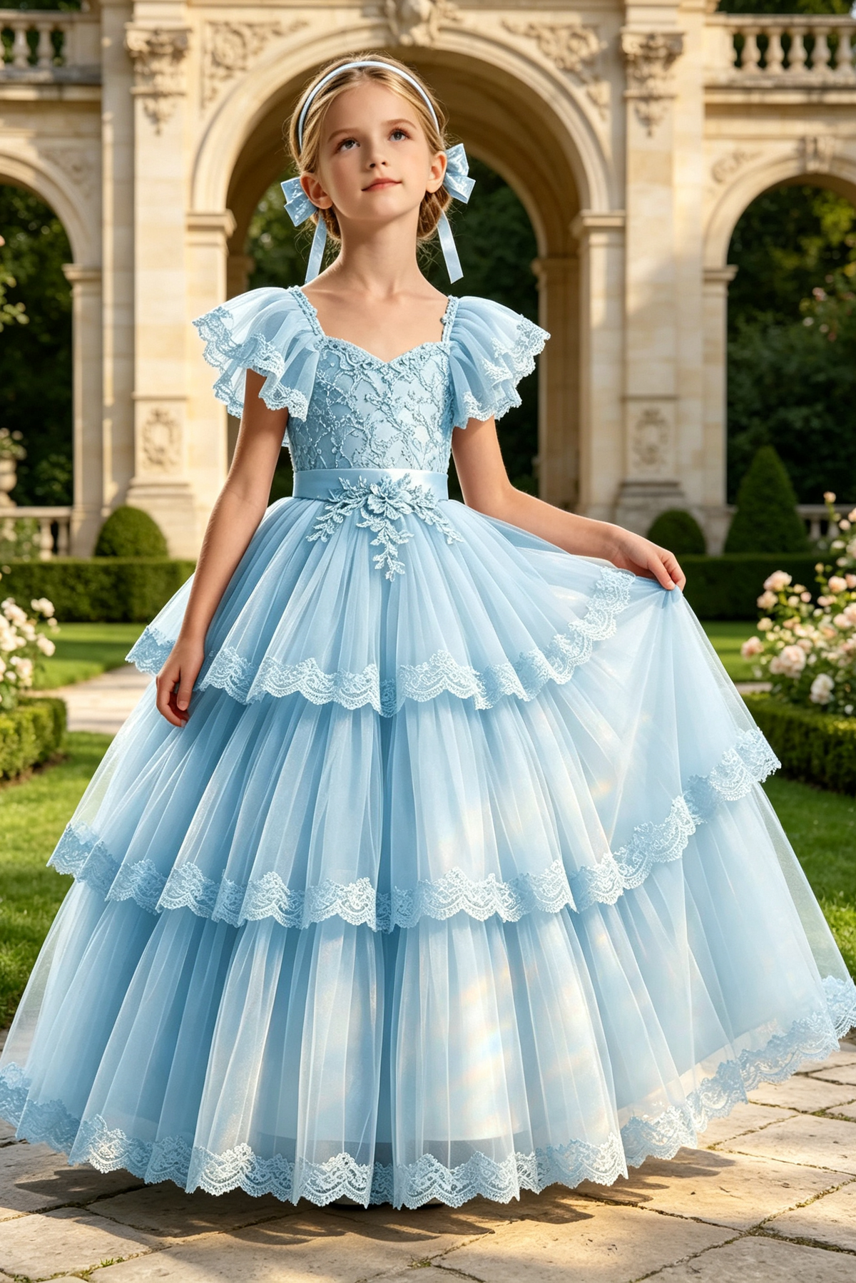Pink Square Neck Lace Embroidered Tiered Tulle Cake A-Line Dress