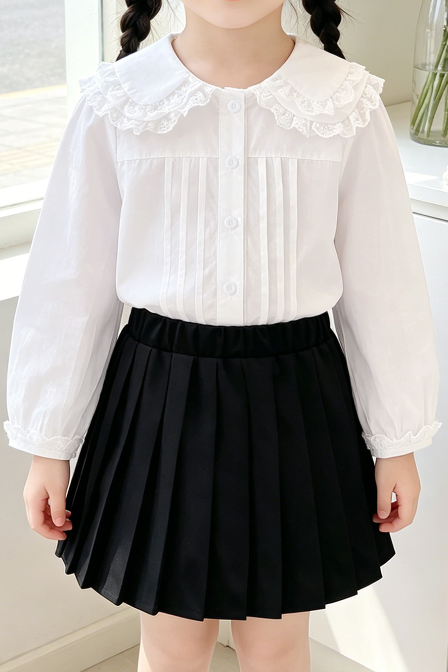 White Pure Cotton Peter Pan Collar Lace Ruffle Long Sleeve Blouse