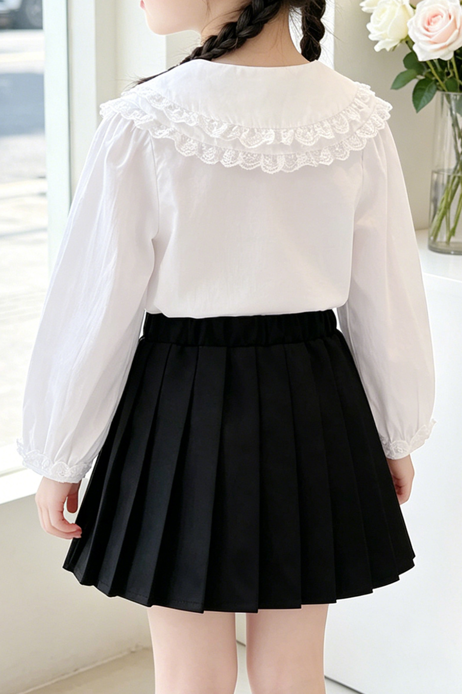 White Pure Cotton Peter Pan Collar Lace Ruffle Long Sleeve Blouse