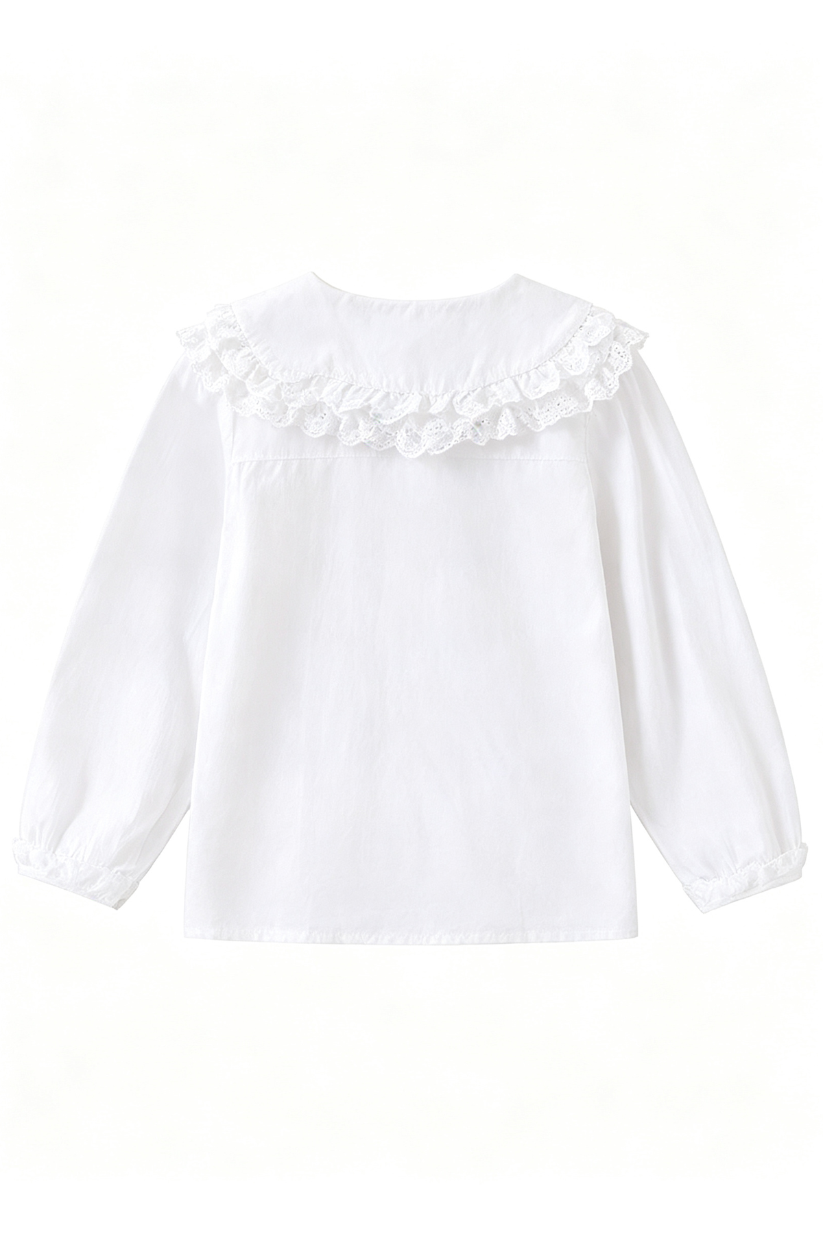 White Pure Cotton Peter Pan Collar Lace Ruffle Long Sleeve Blouse
