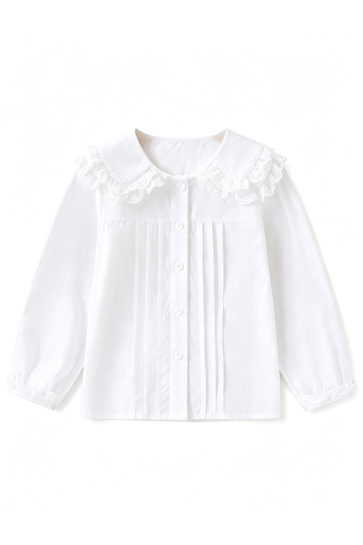 White Pure Cotton Peter Pan Collar Lace Ruffle Long Sleeve Blouse