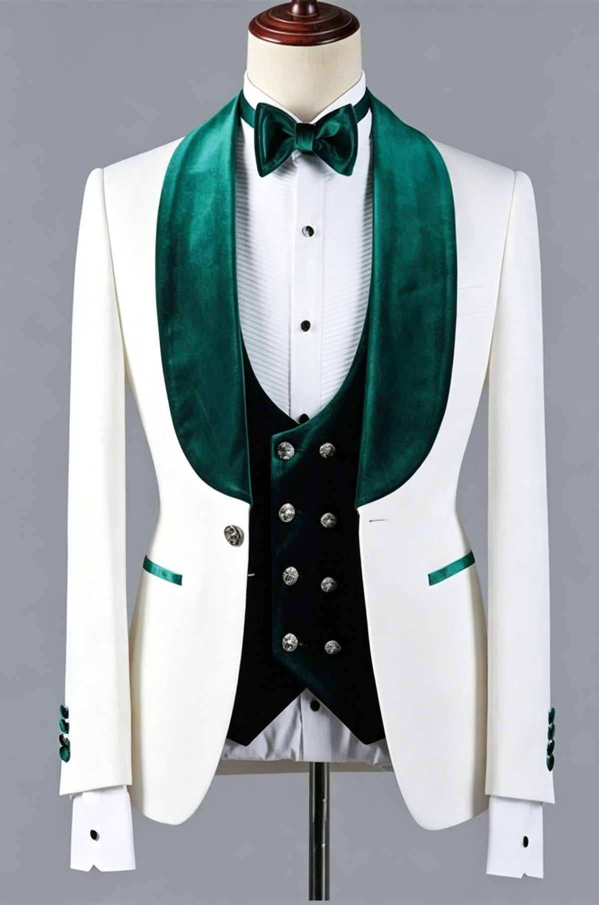 White & Dark Green Velvet Lapel Double Breasted 3‑Piece Suit Set