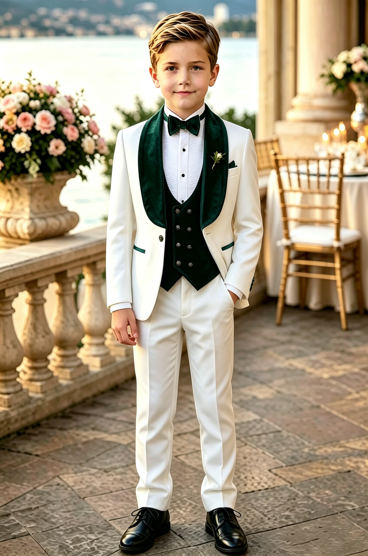 White & Dark Green Velvet Lapel Double Breasted 3‑Piece Suit Set
