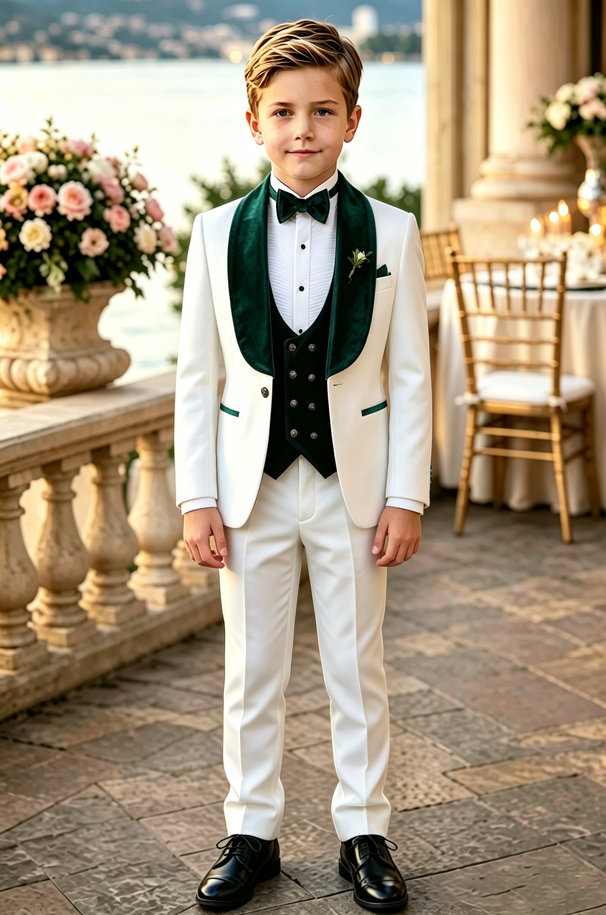 White & Dark Green Velvet Lapel Double Breasted 3‑Piece Suit Set
