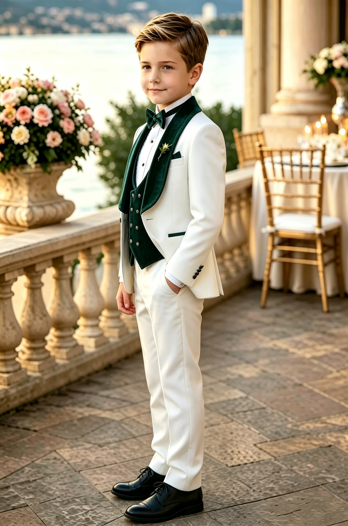 White & Dark Green Velvet Lapel Double Breasted 3‑Piece Suit Set