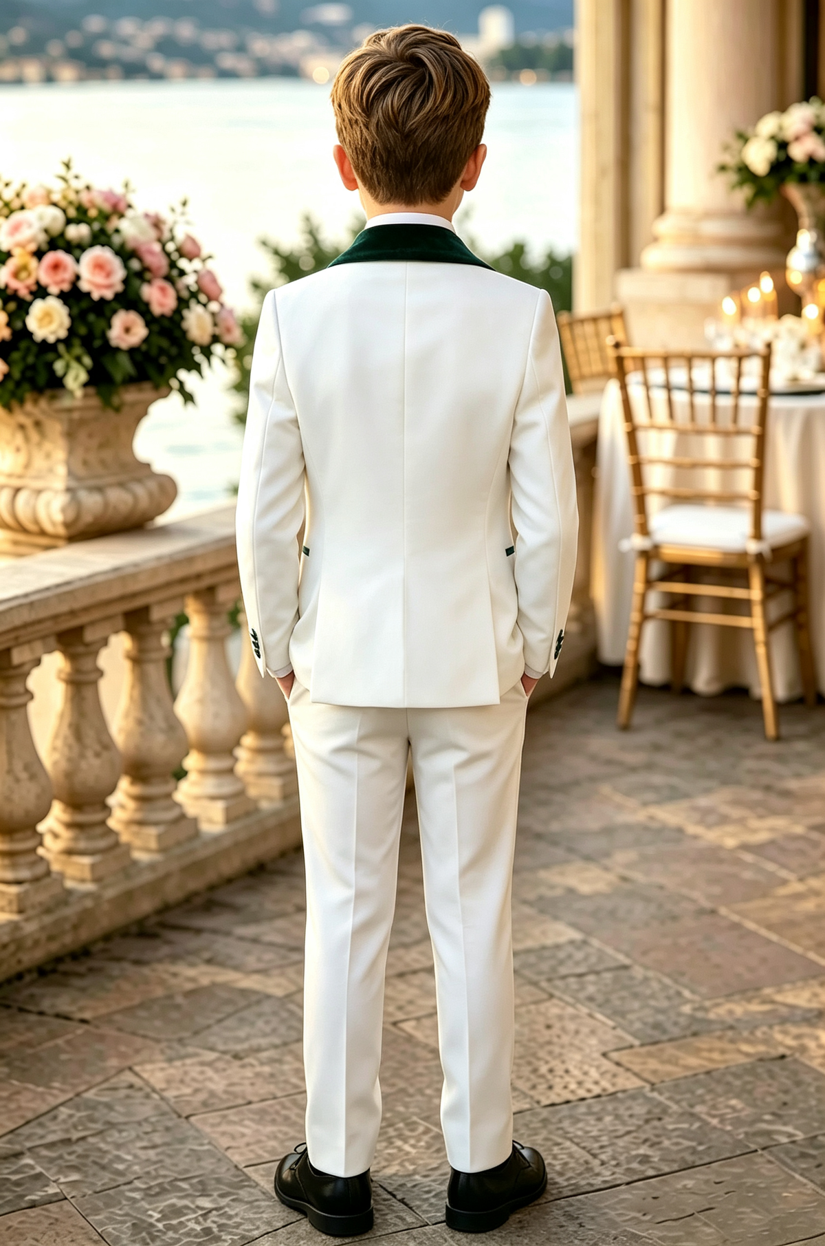 White & Dark Green Velvet Lapel Double Breasted 3‑Piece Suit Set