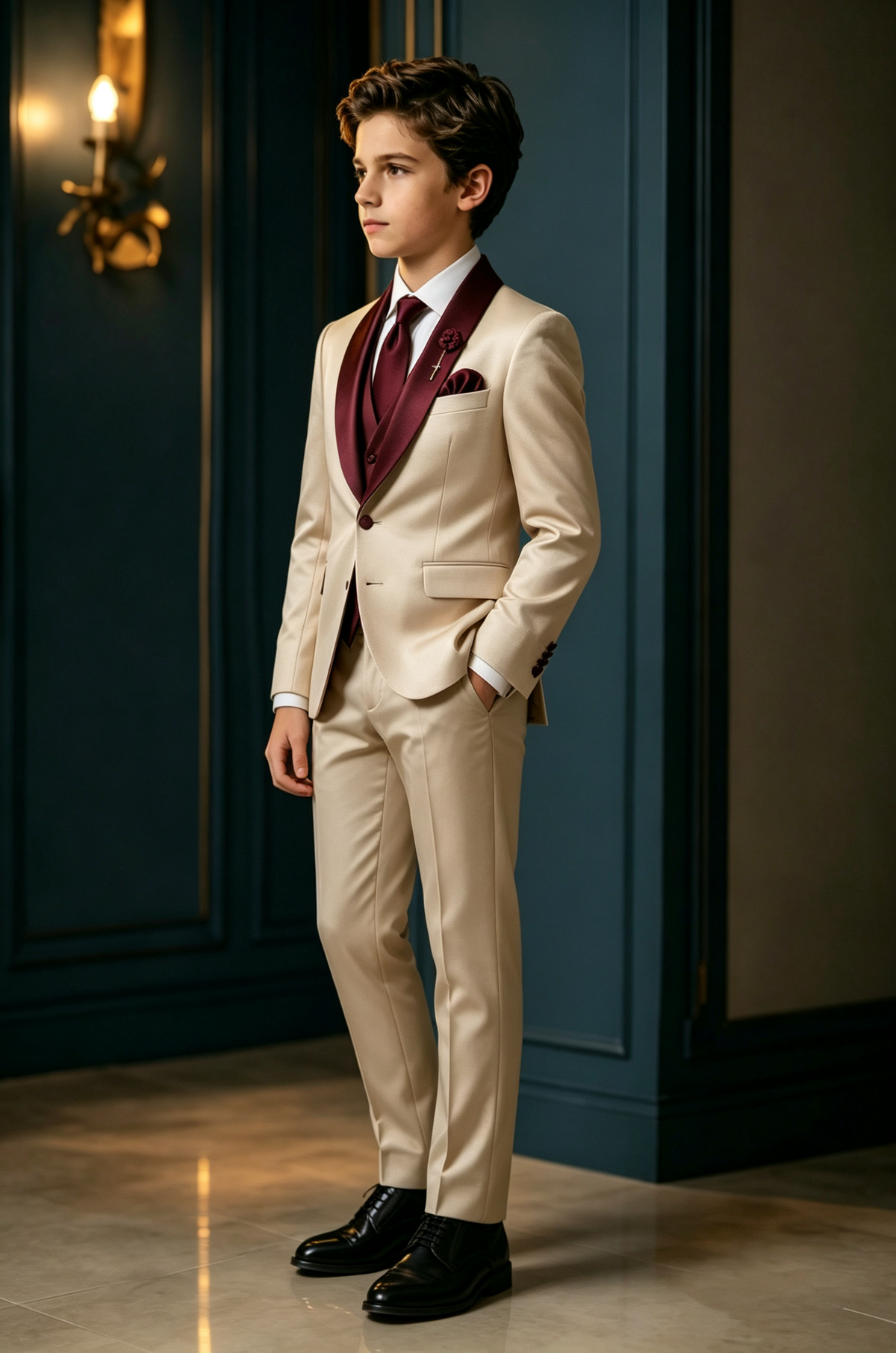 Champagne & Burgundy Satin Lapel Single Breasted 2‑Piece Suit Set (Waistcoat Not Included)
