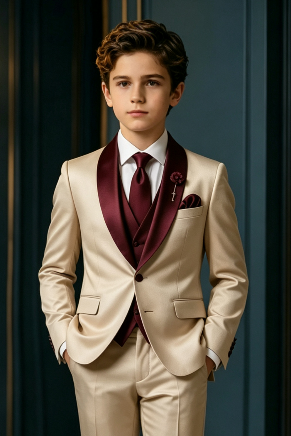 Champagne & Burgundy Satin Lapel Single Breasted 2‑Piece Suit Set (Waistcoat Not Included)