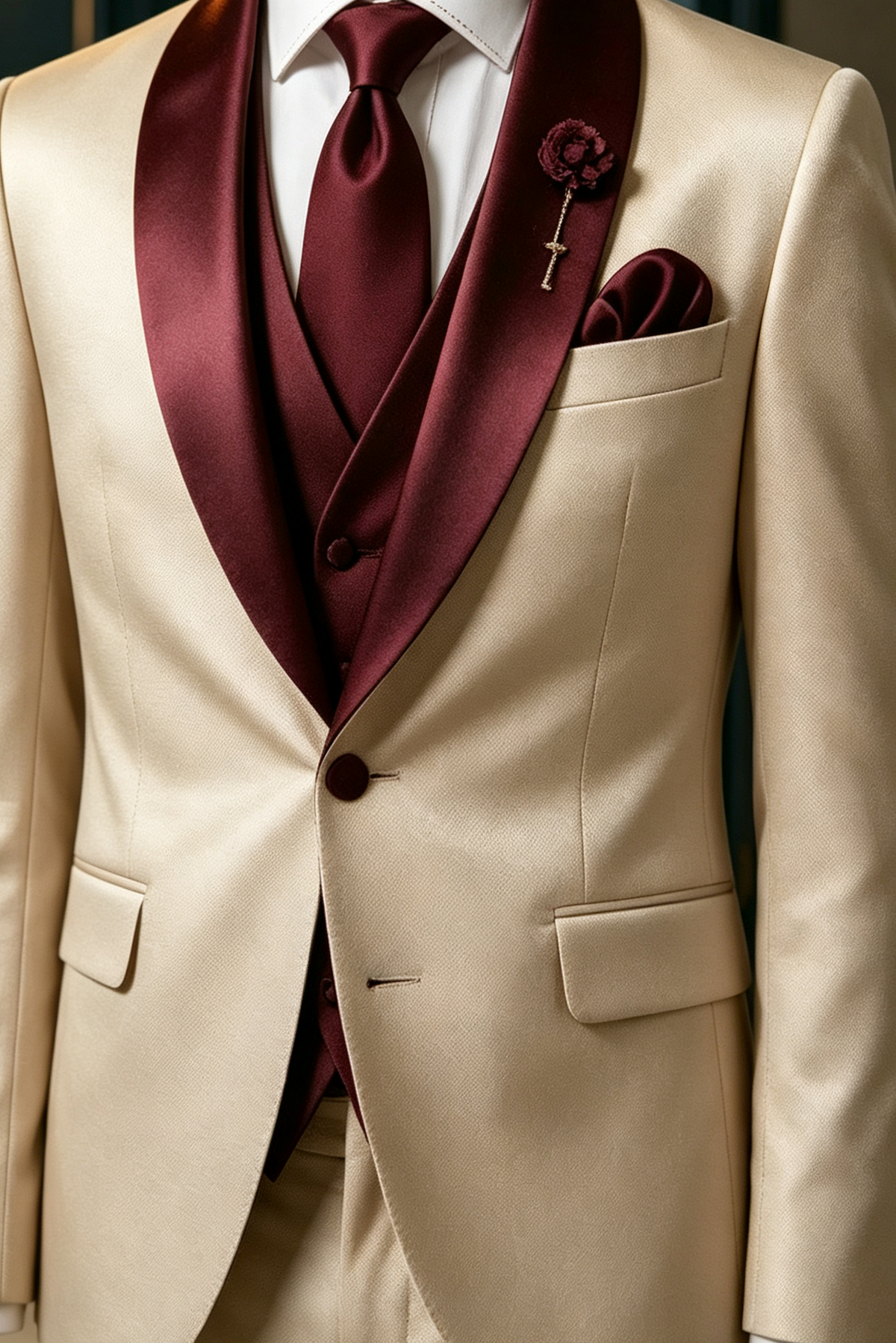 Champagne & Burgundy Satin Lapel Single Breasted 2‑Piece Suit Set (Waistcoat Not Included)
