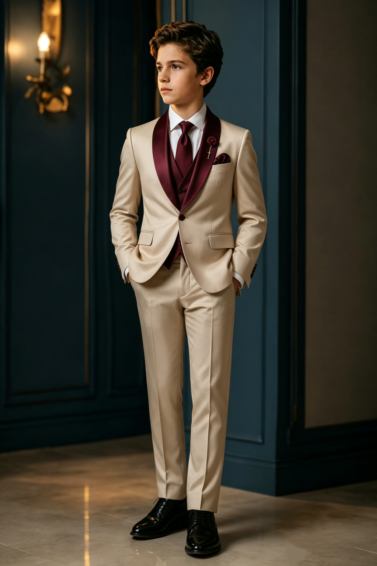 Champagne & Burgundy Satin Lapel Single Breasted 2‑Piece Suit Set (Waistcoat Not Included)
