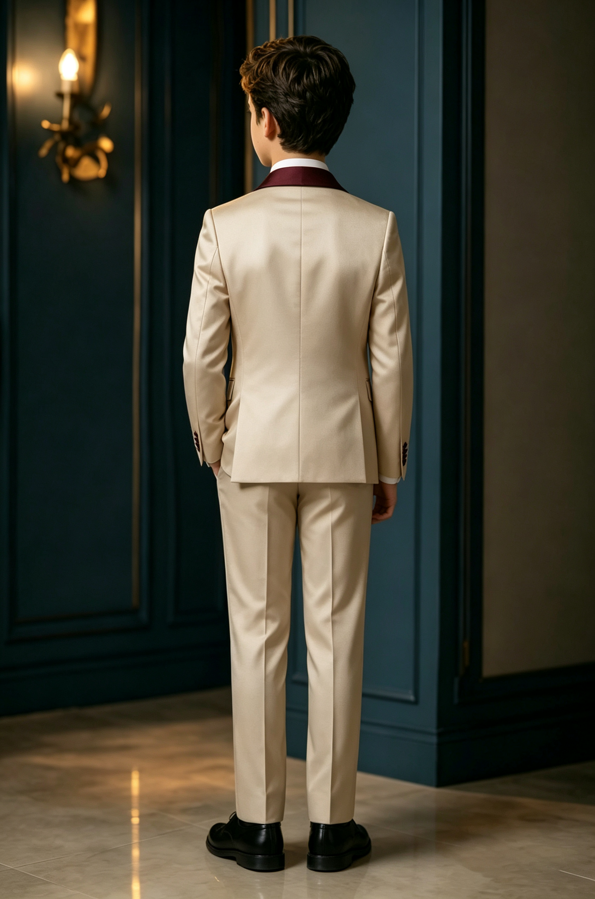 Champagne & Burgundy Satin Lapel Single Breasted 2‑Piece Suit Set (Waistcoat Not Included)