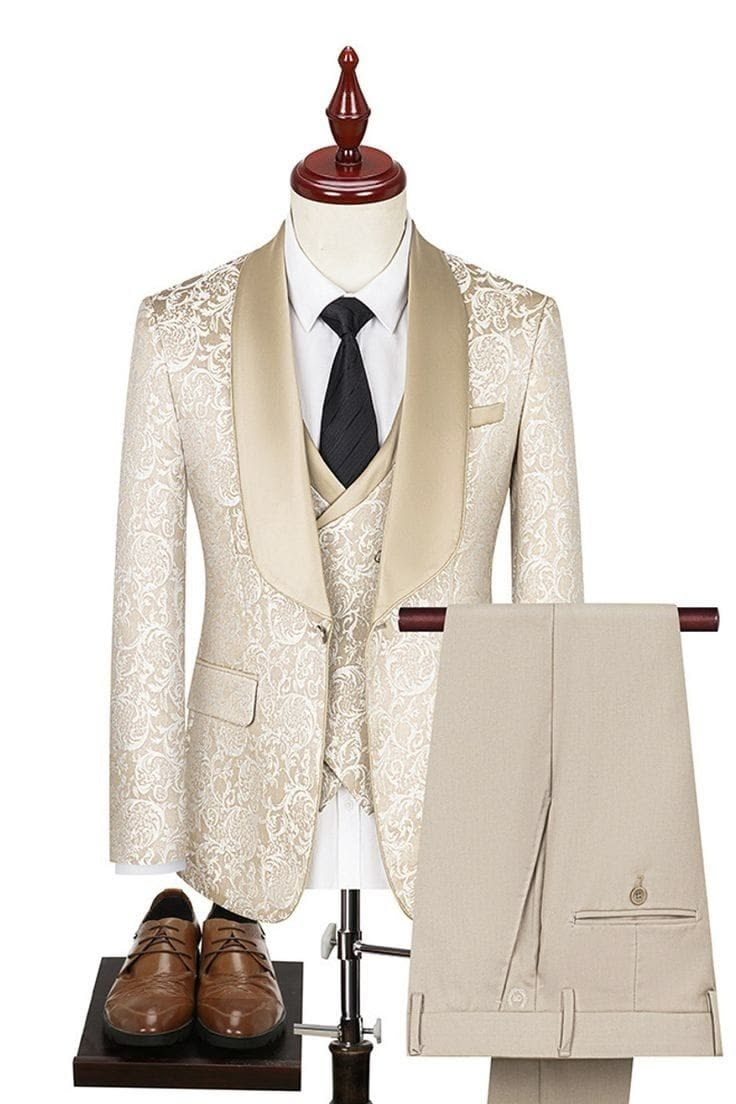 Champagne Jacquard Pattern Satin Lapel Single Breasted 3-Piece Suit Set