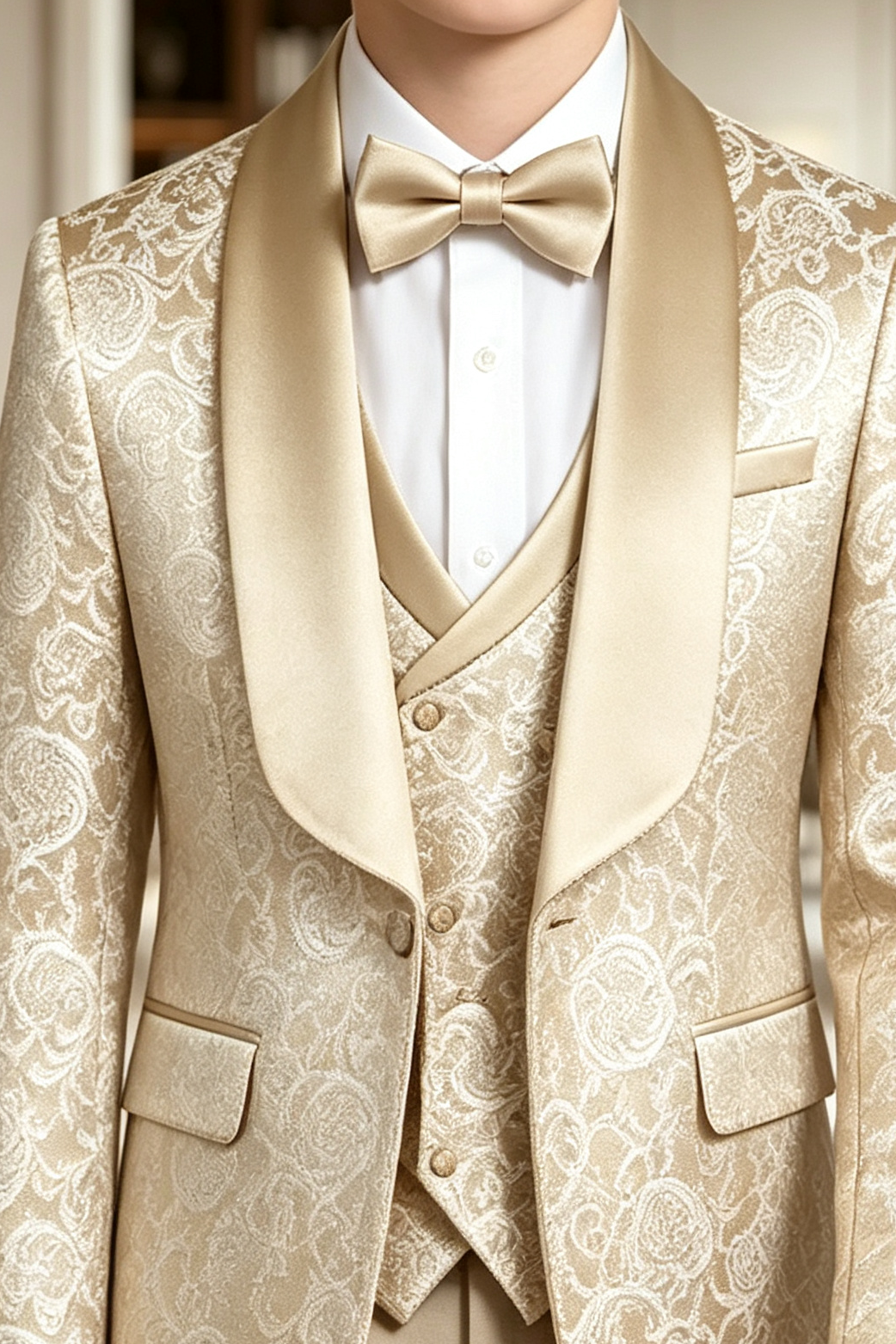 Champagne Jacquard Pattern Satin Lapel Single Breasted 3-Piece Suit Set