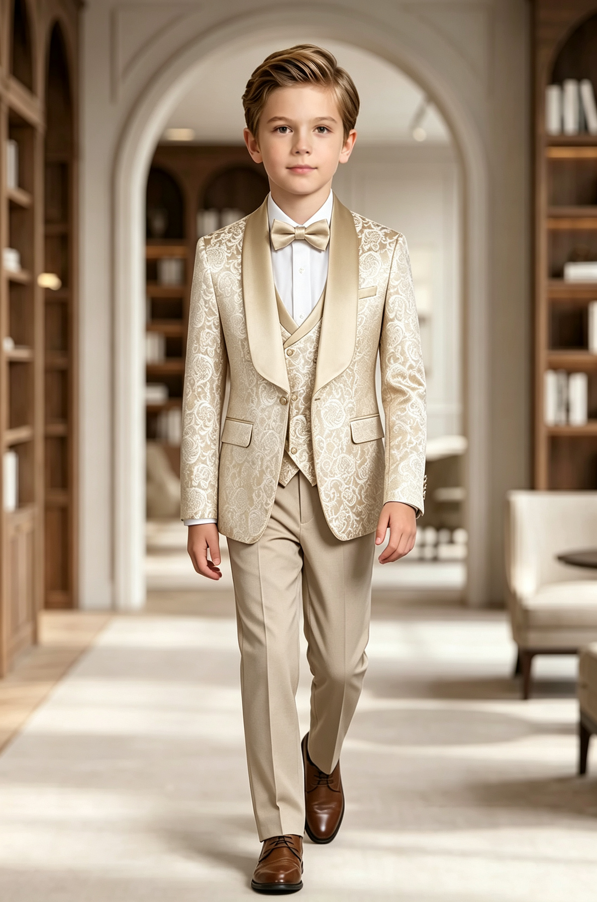 Champagne Jacquard Pattern Satin Lapel Single Breasted 3-Piece Suit Set
