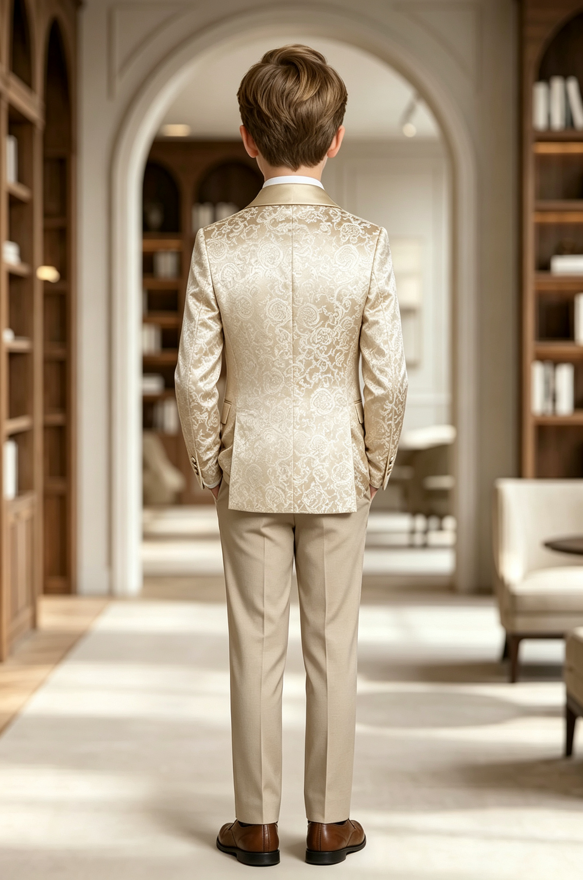 Champagne Jacquard Pattern Satin Lapel Single Breasted 3-Piece Suit Set
