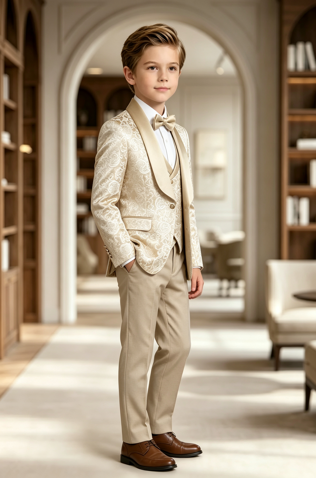 Champagne Jacquard Pattern Satin Lapel Single Breasted 3-Piece Suit Set