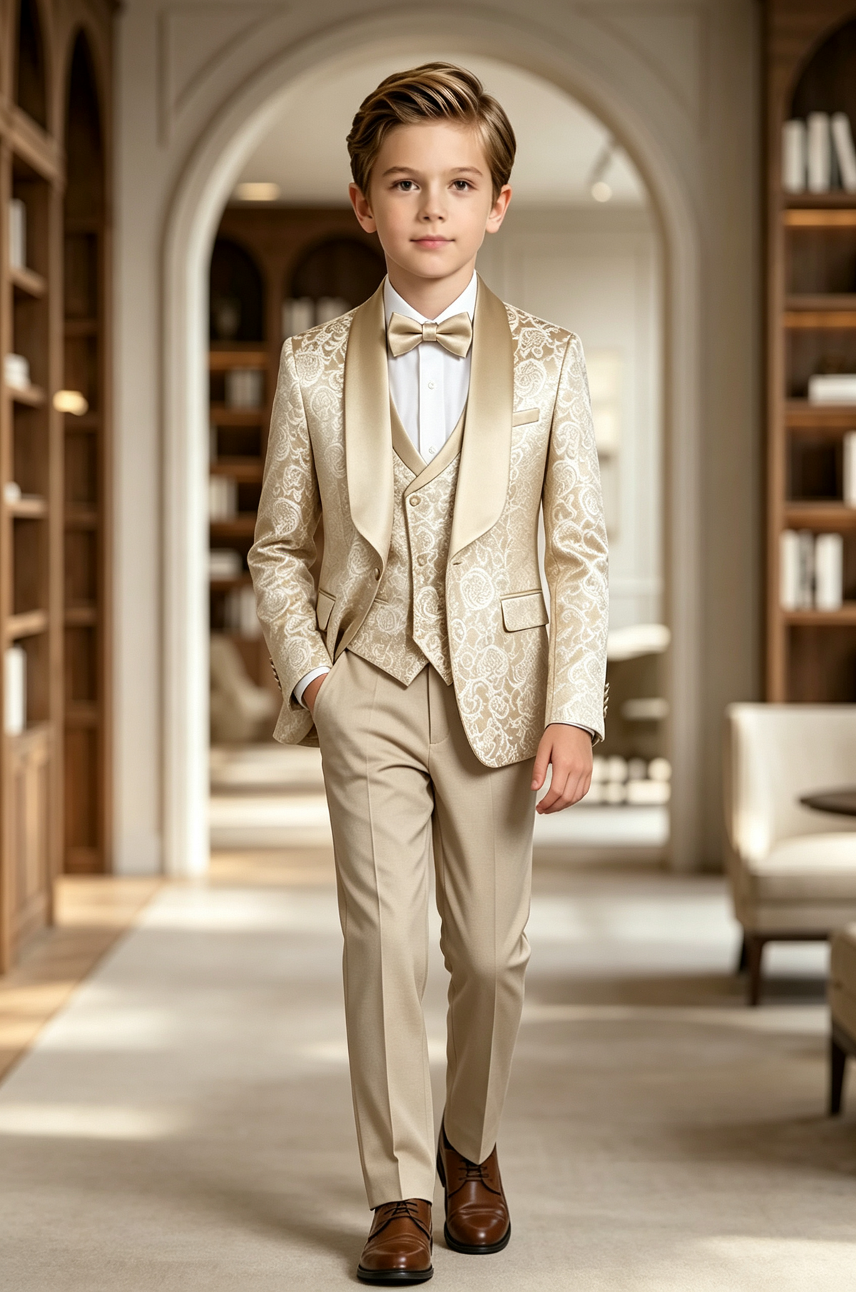 Champagne Jacquard Pattern Satin Lapel Single Breasted 3-Piece Suit Set
