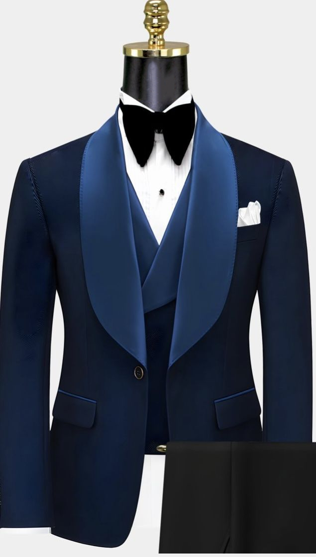Navy & Black Blend Satin Lapel Single Breasted 3-Piece Suit Set