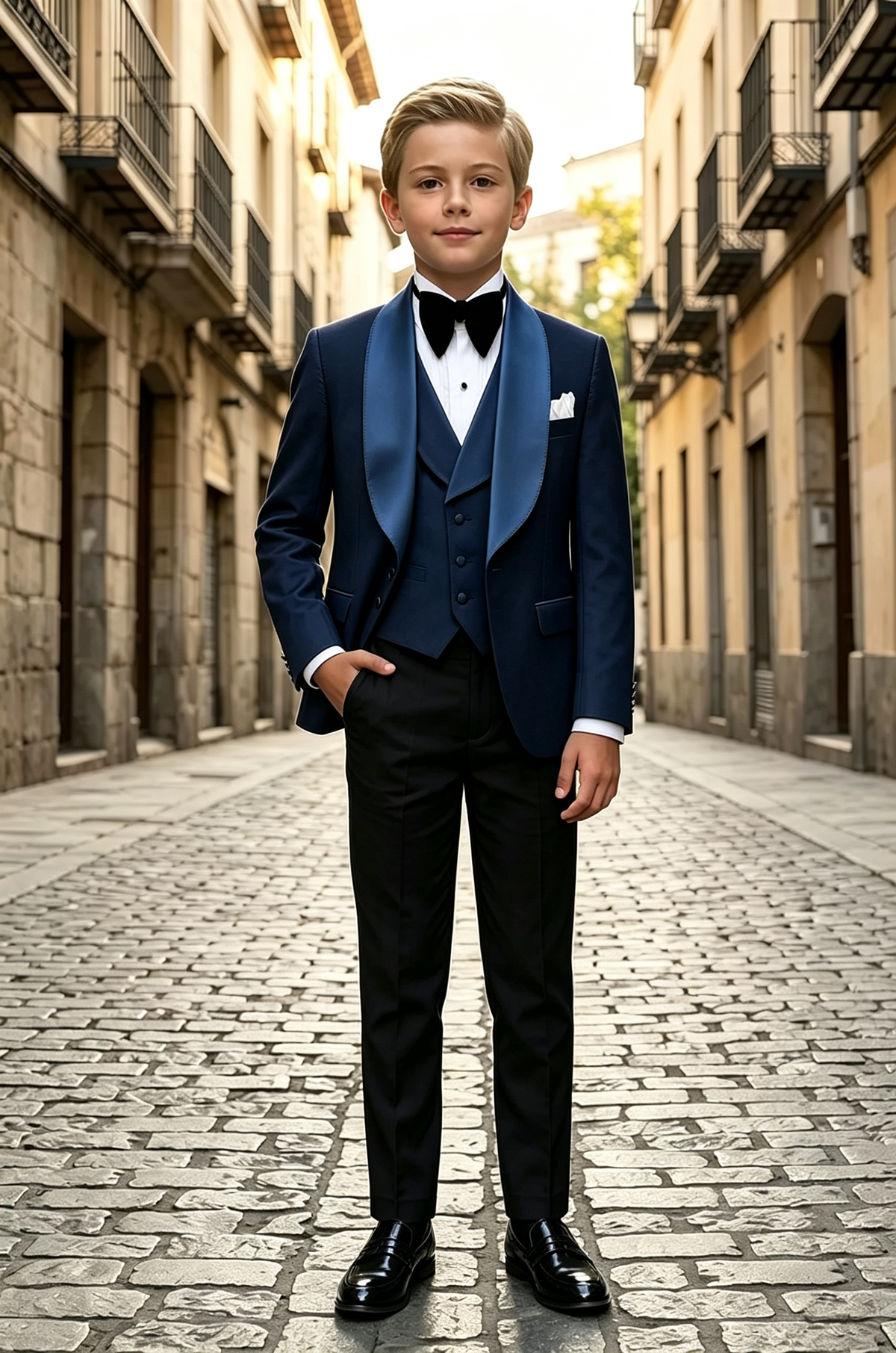 Navy & Black Blend Satin Lapel Single Breasted 3-Piece Suit Set
