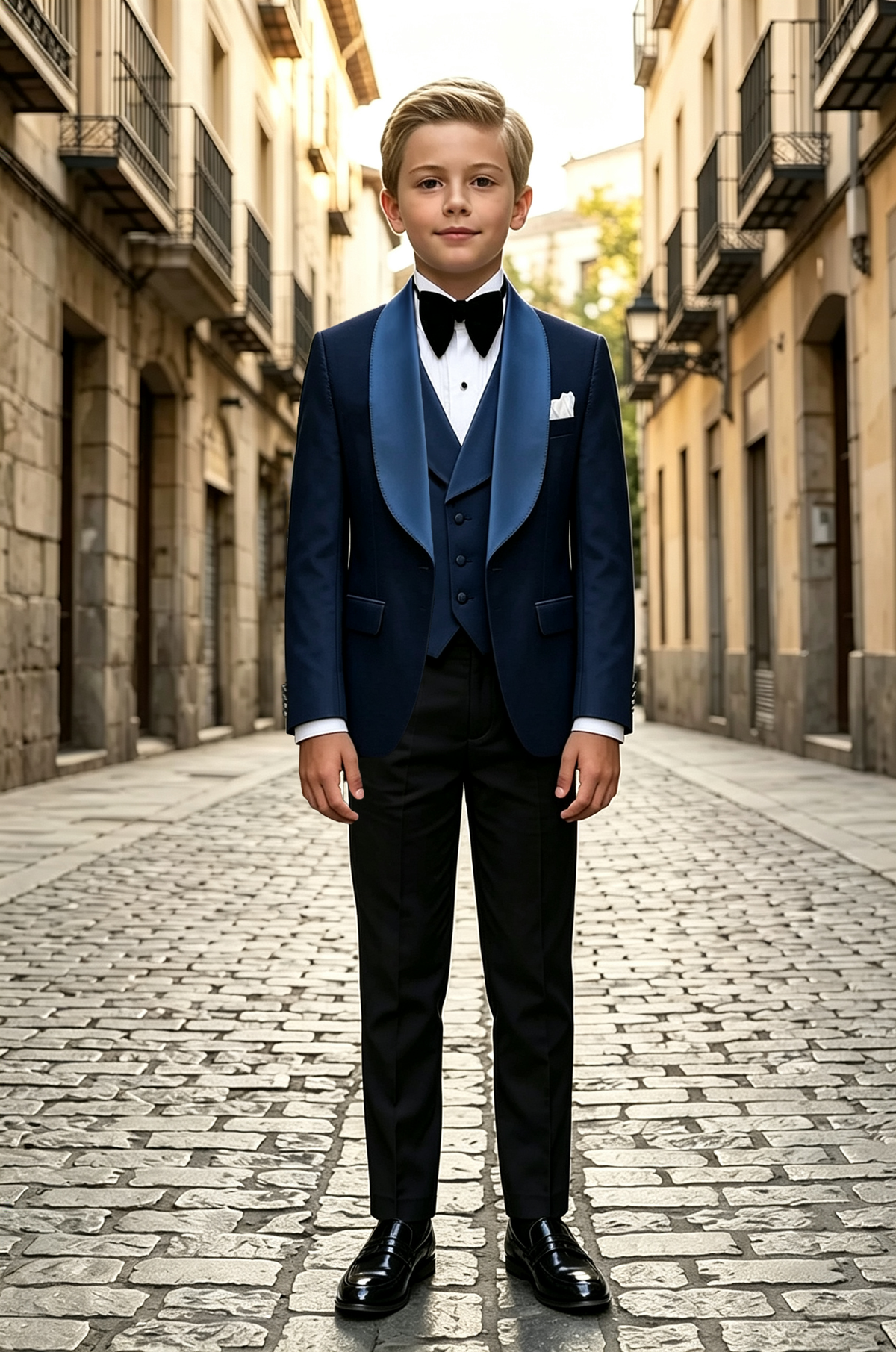Navy & Black Blend Satin Lapel Single Breasted 3-Piece Suit Set