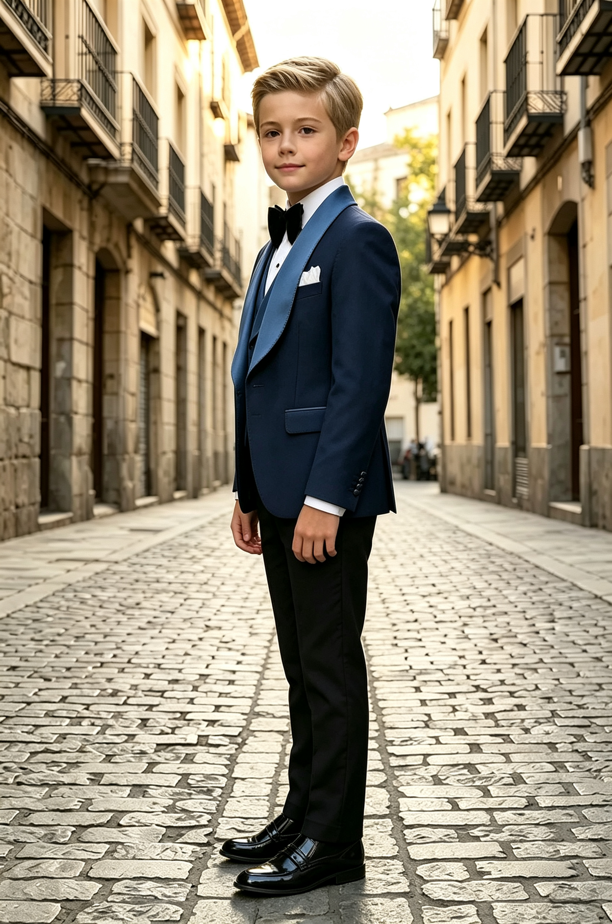 Navy & Black Blend Satin Lapel Single Breasted 3-Piece Suit Set