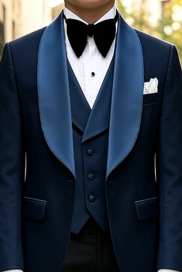 Navy & Black Blend Satin Lapel Single Breasted 3-Piece Suit Set