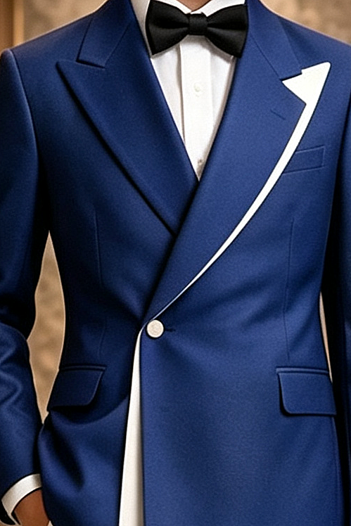 Deep Blue & White Contrast Lapel Single Breasted 2-Piece Suit Set