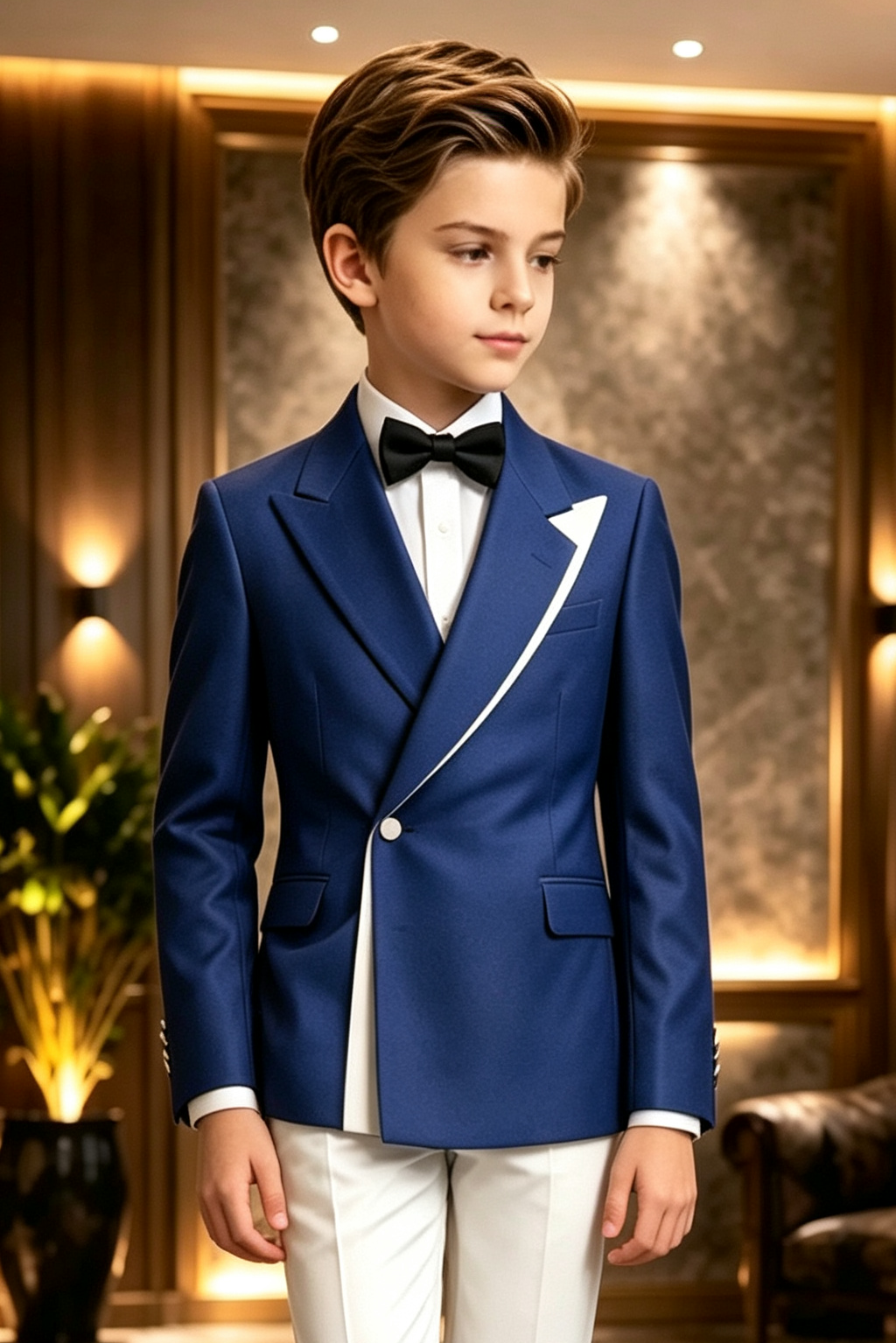 Deep Blue & White Contrast Lapel Single Breasted 2-Piece Suit Set