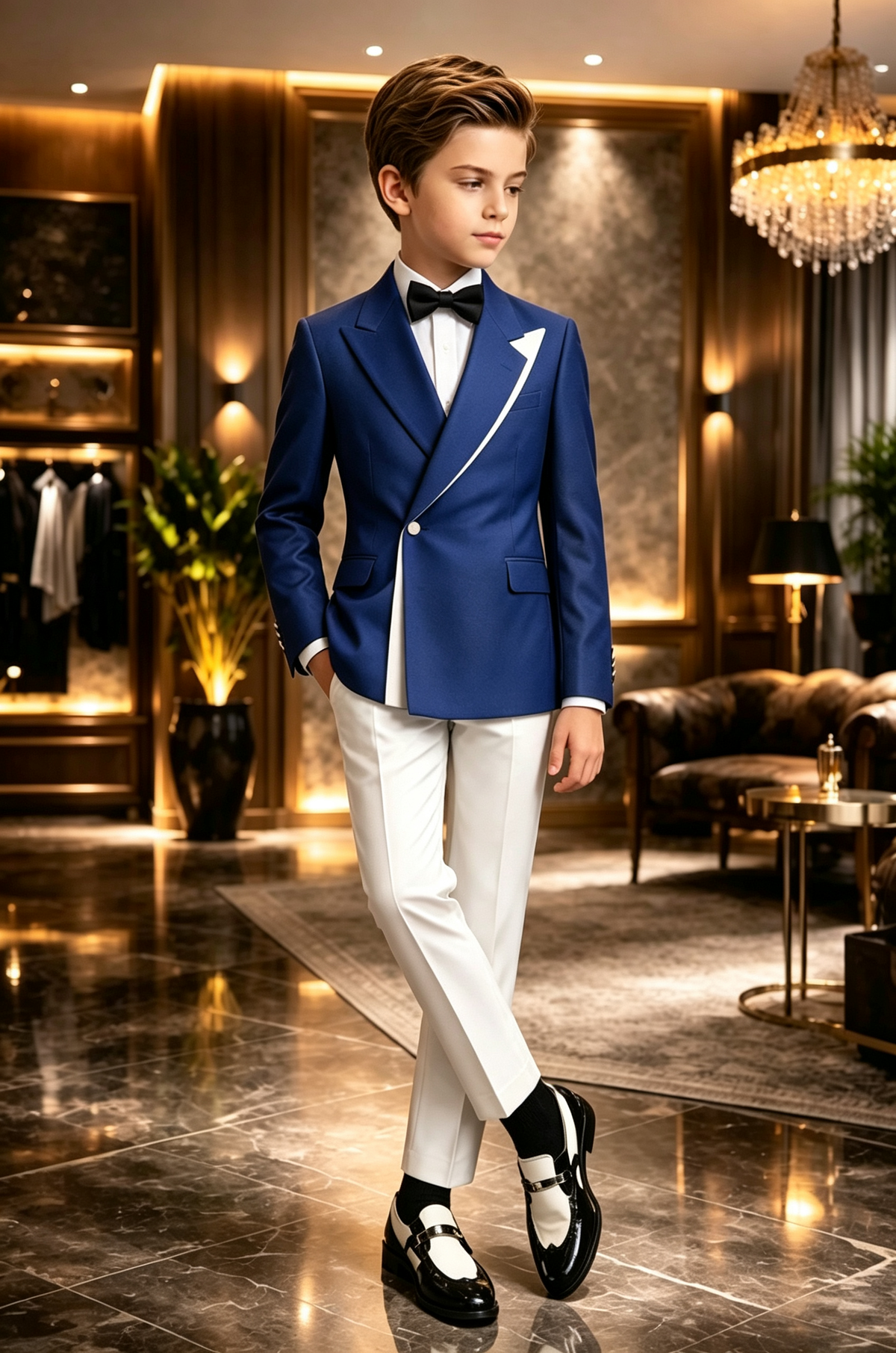 Deep Blue & White Contrast Lapel Single Breasted 2-Piece Suit Set