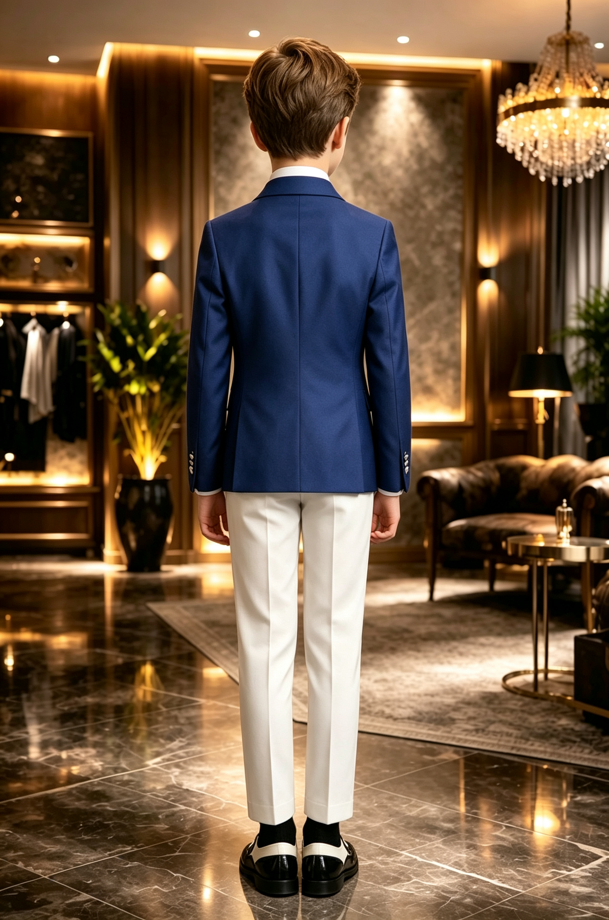 Deep Blue & White Contrast Lapel Single Breasted 2-Piece Suit Set